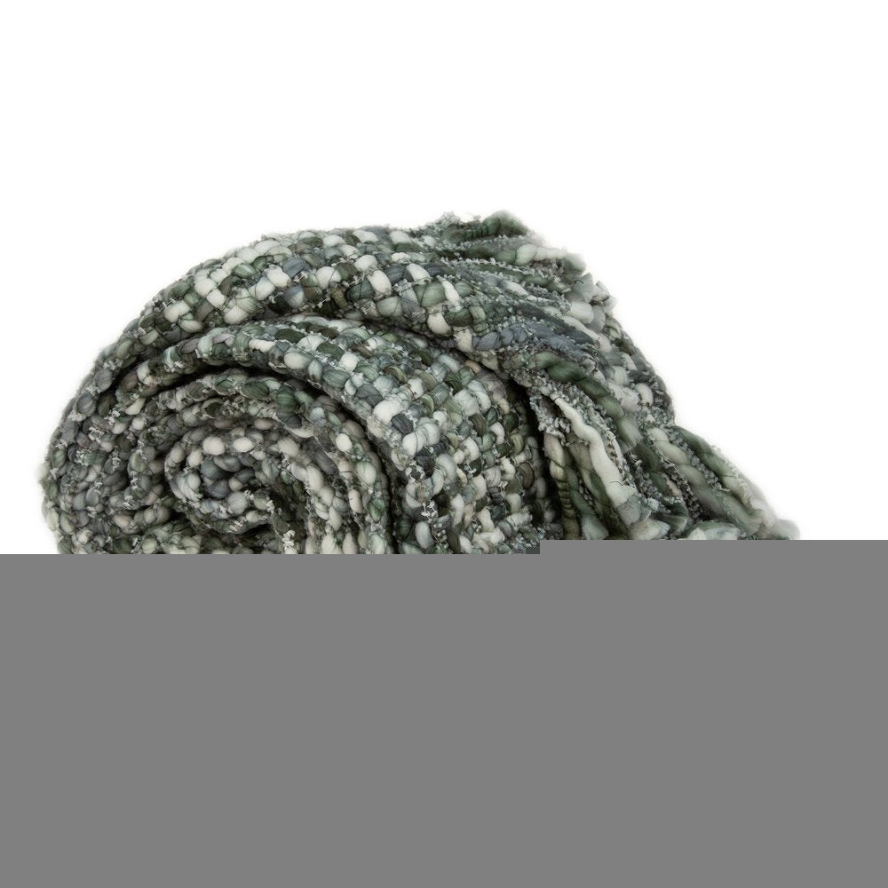 Green and White Knitted Cotton Blend Abstract Throw Blanket with Fringe
