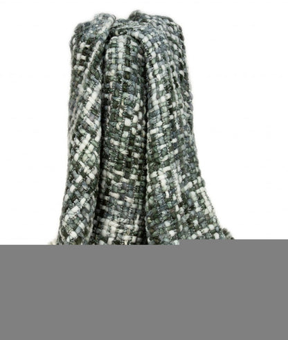 Green and White Knitted Cotton Blend Abstract Throw Blanket with Fringe