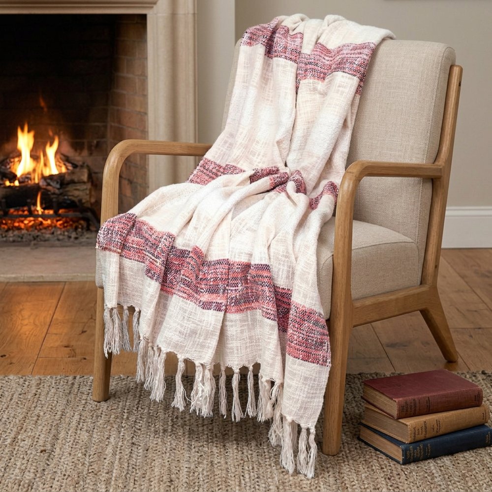 Beige and Shades of Pink Strips Woven Handloom Throw Blanket