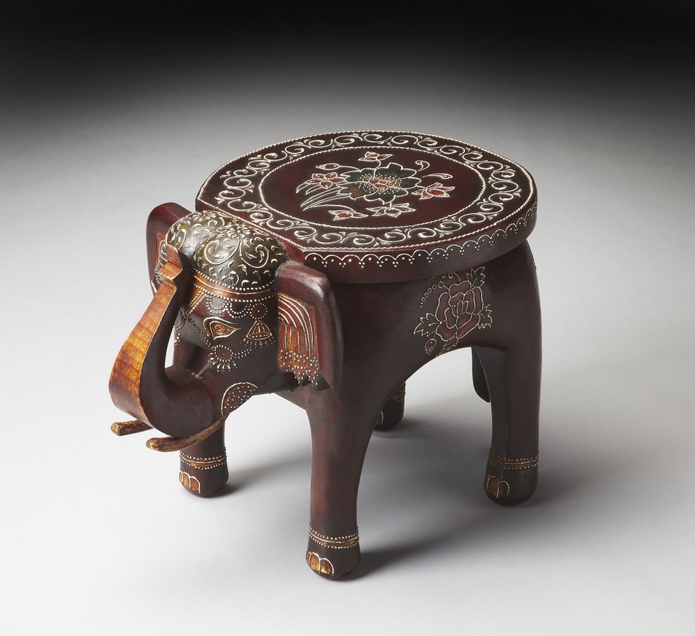 15" Brown Hand Painted Floral Three Dimensional Elephant End Table