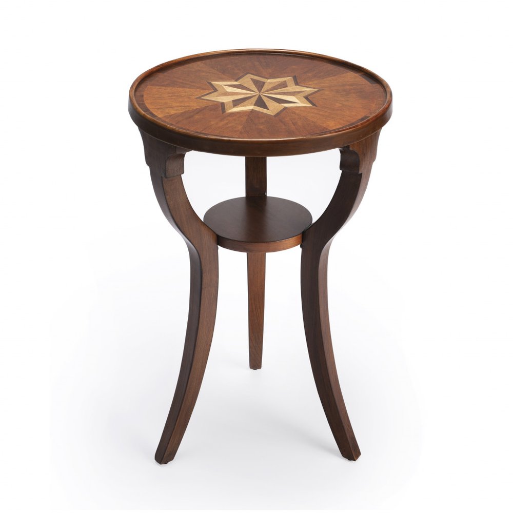 24" Brown And Natural Wood Round End Table With Shelf