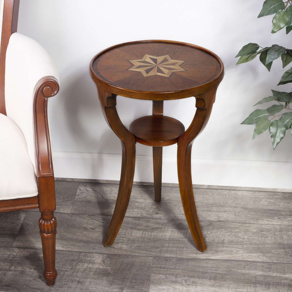 24" Brown And Natural Wood Round End Table With Shelf