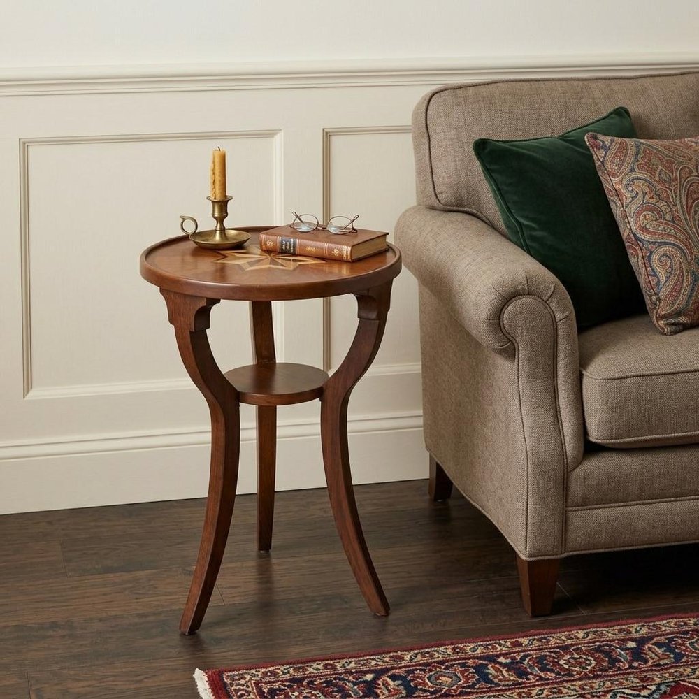 24" Brown And Natural Wood Round End Table With Shelf