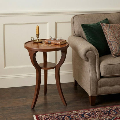 24" Brown And Natural Wood Round End Table With Shelf