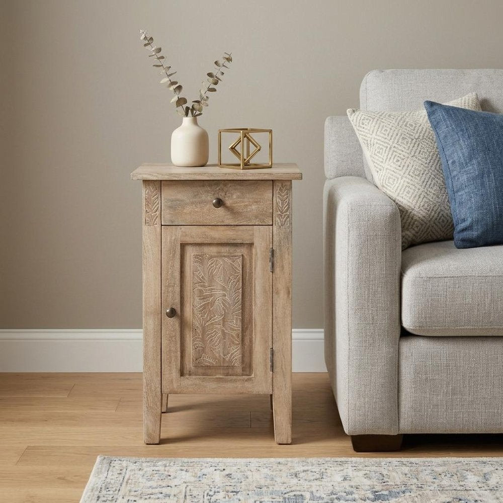 24" Natural Distressed Wood End Table With Drawer