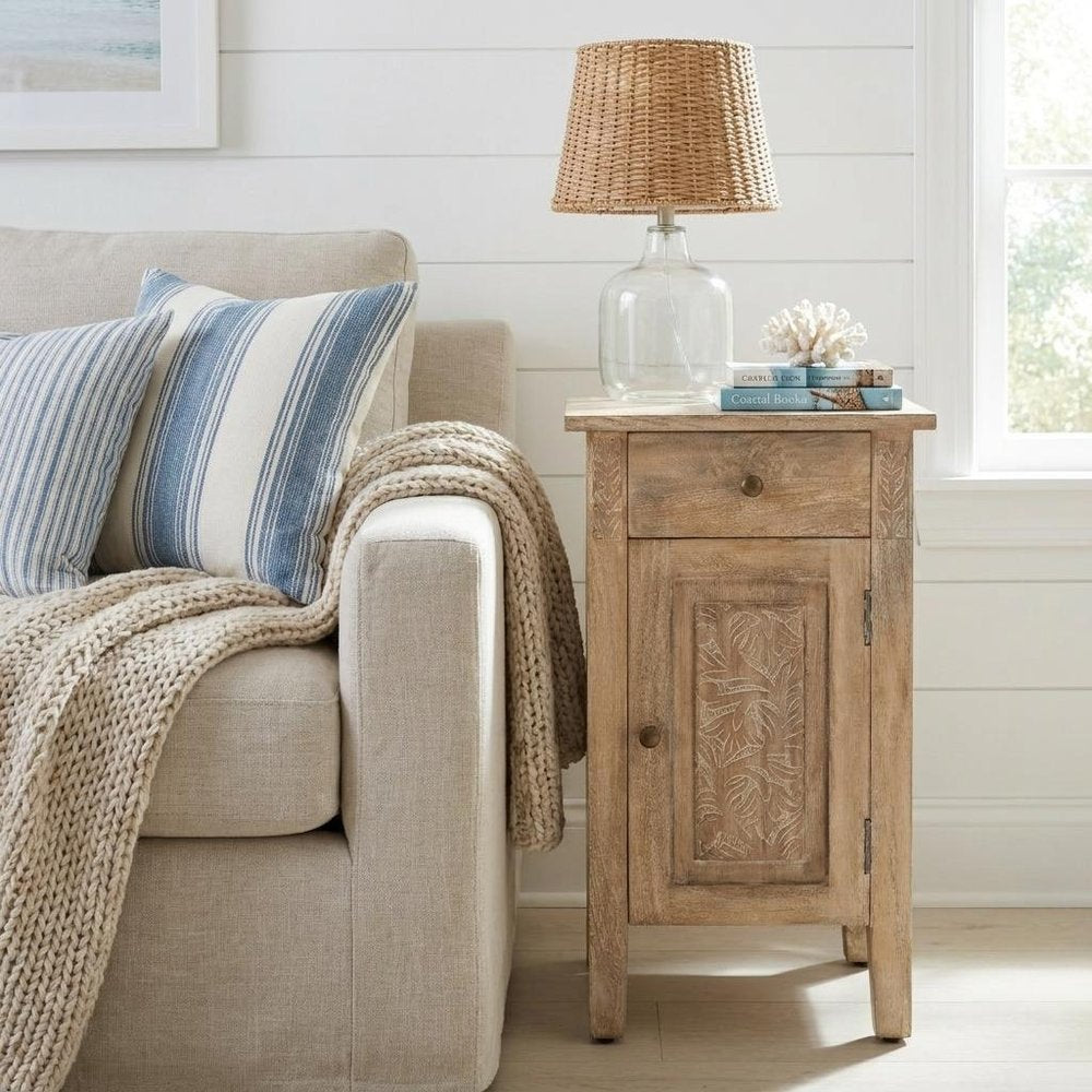 24" Natural Distressed Wood End Table With Drawer