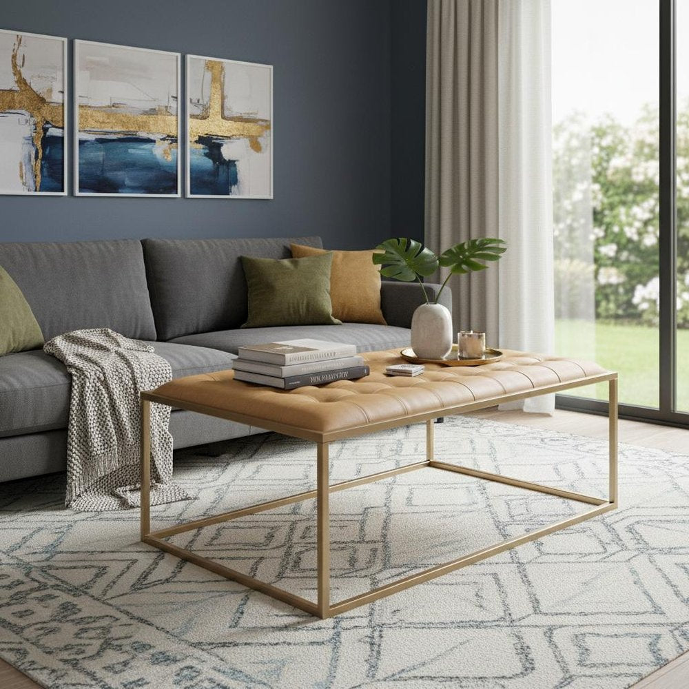 48" Gold And Brown Leather Rectangular Coffee Table