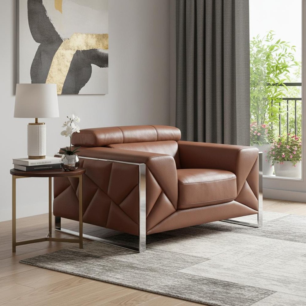 48" Camel And Silver Italian Leather Arm Chair