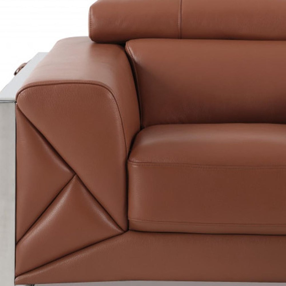 48" Camel And Silver Italian Leather Arm Chair