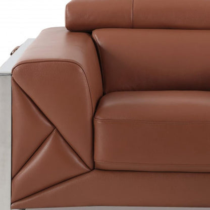 48" Camel And Silver Italian Leather Arm Chair