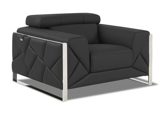 48" Dark Slate Gray And White Italian Leather Arm Chair