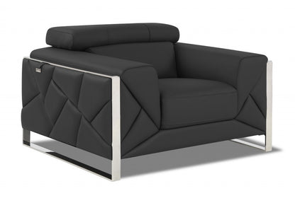 48" Dark Slate Gray And White Italian Leather Arm Chair