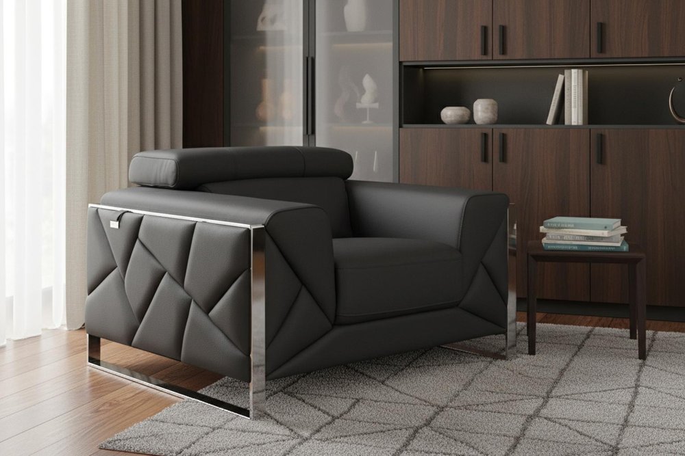 48" Dark Slate Gray And White Italian Leather Arm Chair