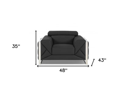 48" Dark Slate Gray And White Italian Leather Arm Chair