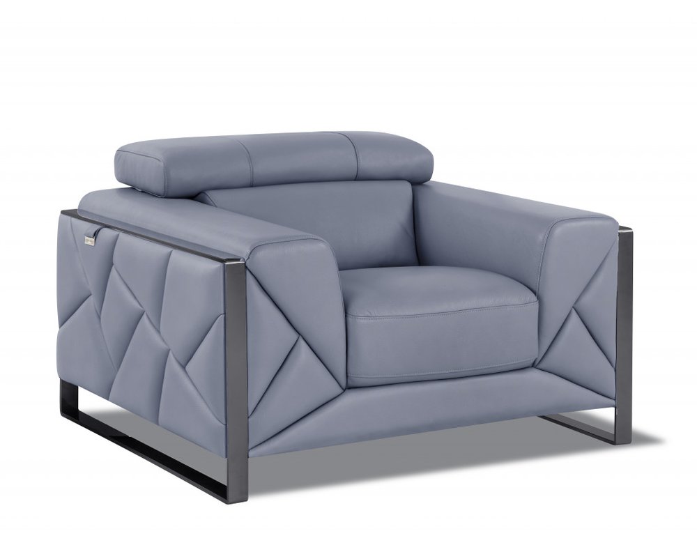 48" Light Blue And Black Italian Leather Arm Chair