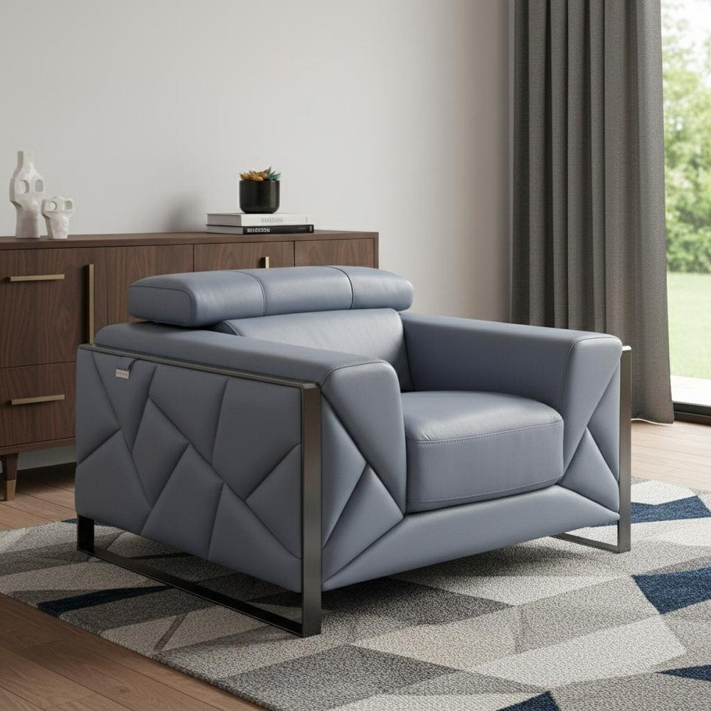 48" Light Blue And Black Italian Leather Arm Chair