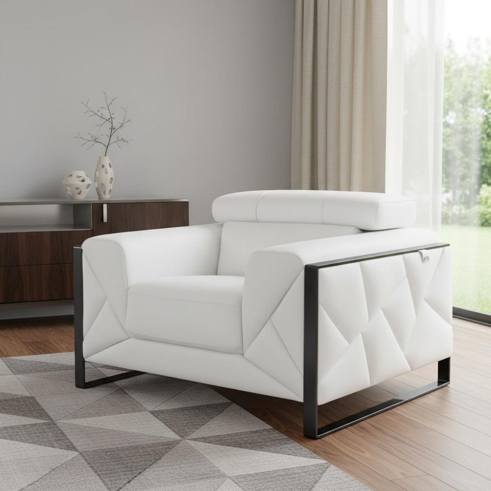 48" White And Gunmetal Italian Leather Arm Chair