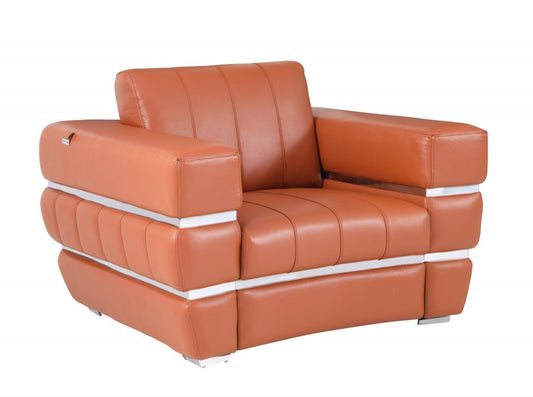 48" Camel And Silver Italian Leather Arm Chair