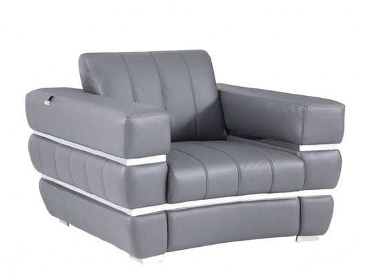 48" Dark Slate Gray And White Italian Leather Arm Chair