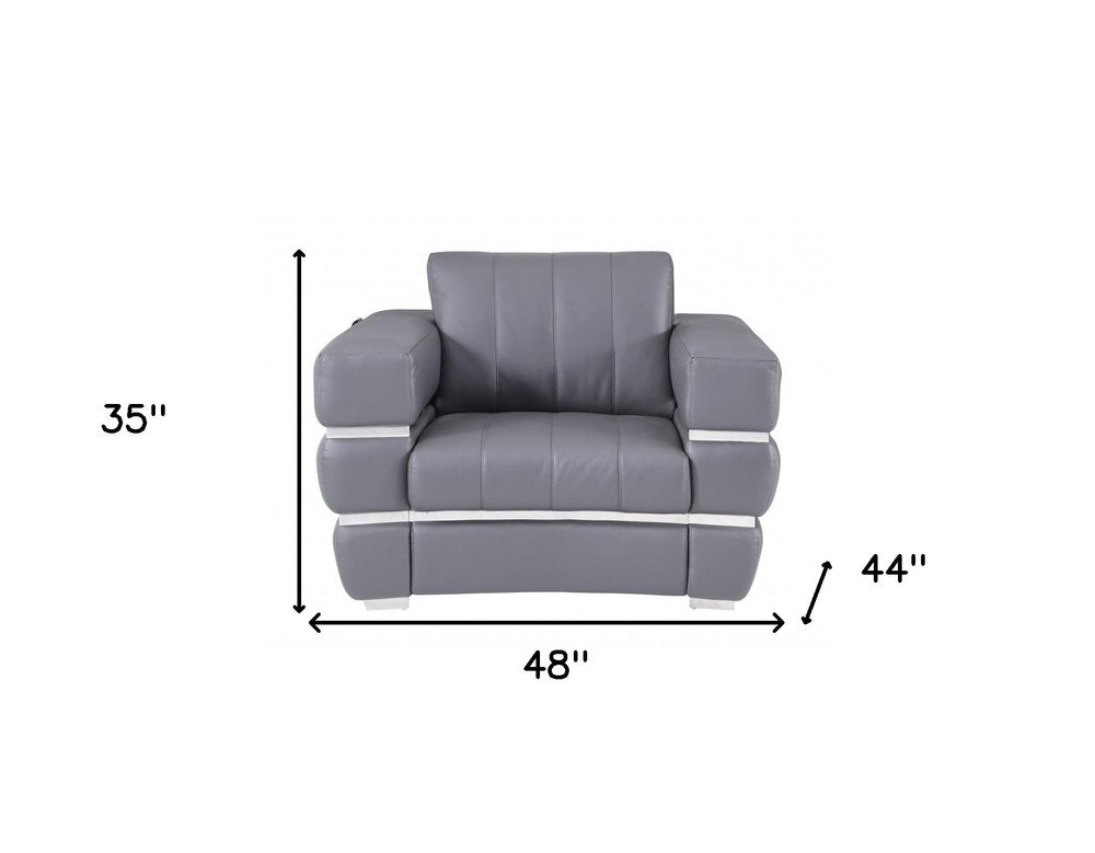 48" Dark Slate Gray And White Italian Leather Arm Chair
