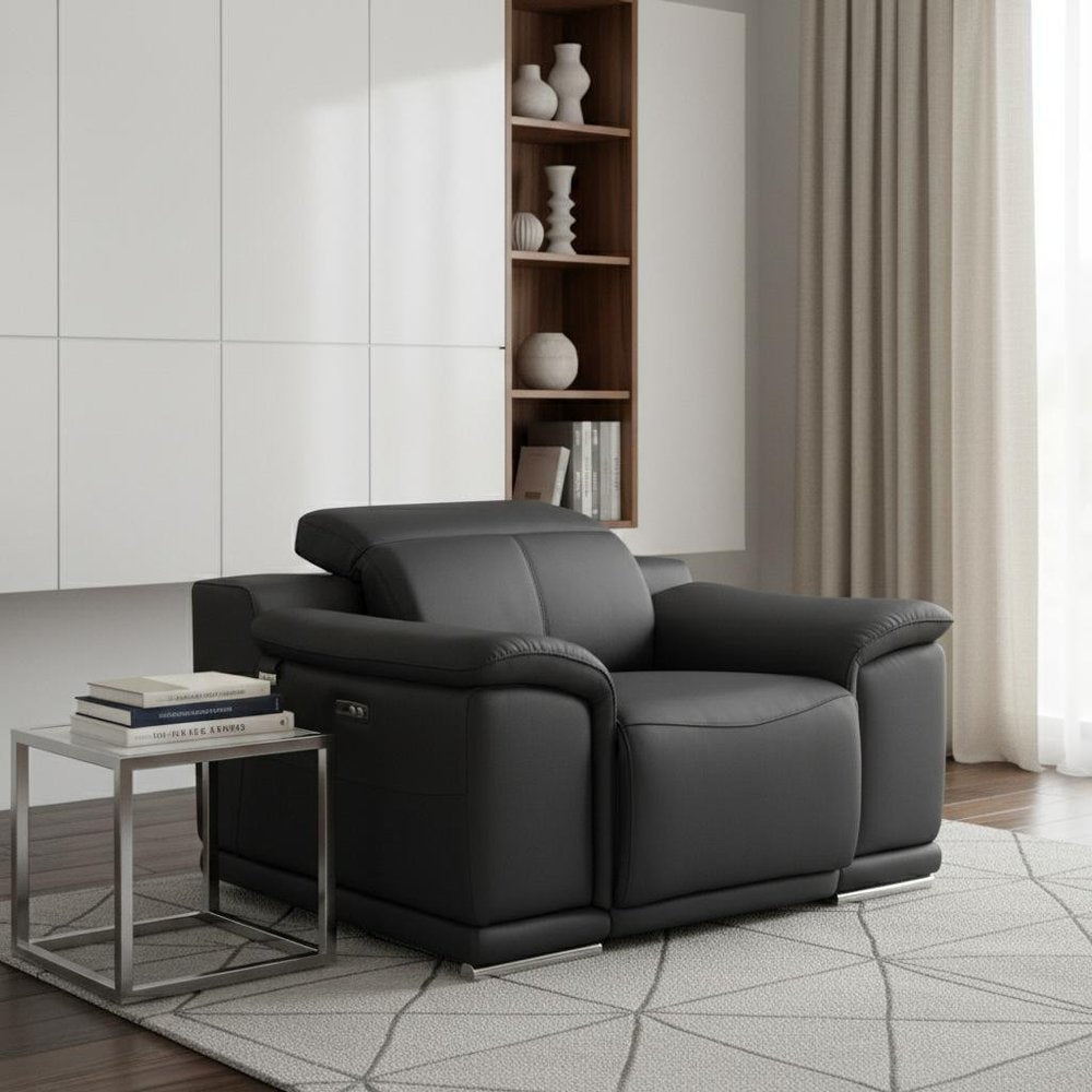 48" Dark Slate Gray And White Italian Leather Arm Chair