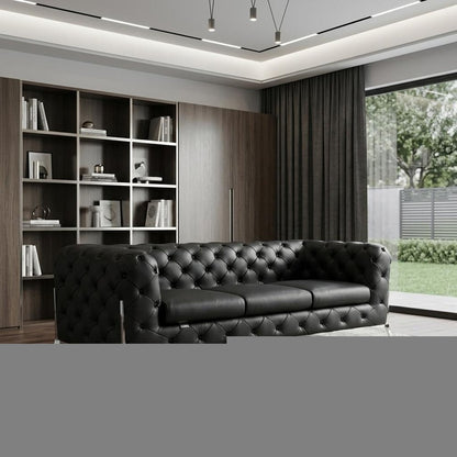 93" Black Italian Leather Chesterfield Sofa With Silver Legs