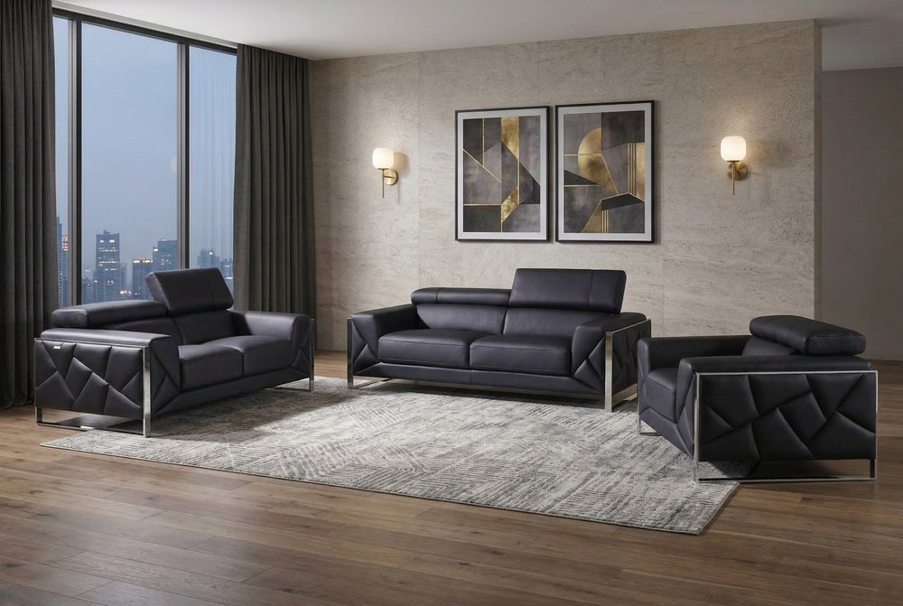 Three Piece Indoor Black Italian Leather Six Person Seating Set