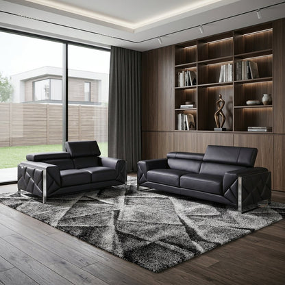 Two Piece Indoor Black Italian Leather Five Person Seating Set