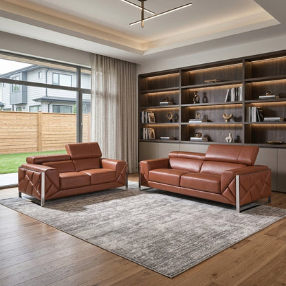 Two Piece Indoor Camel Italian Leather Five Person Seating Set