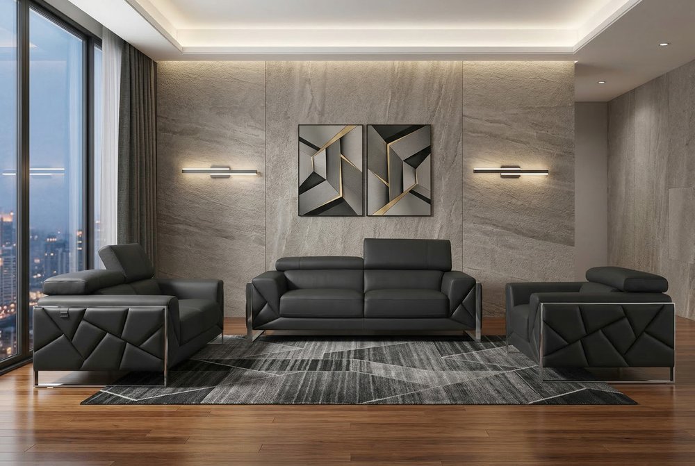 Three Piece Indoor Dark Gray Italian Leather Six Person Seating Set