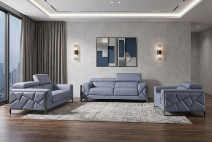 Three Piece Indoor Light Blue Italian Leather Six Person Seating Set