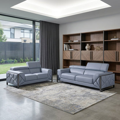 Two Piece Indoor Light Blue Italian Leather Five Person Seating Set