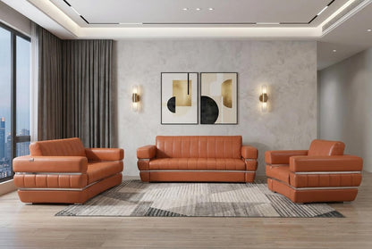 Three Piece Indoor Camel Italian Leather Six Person Seating Set