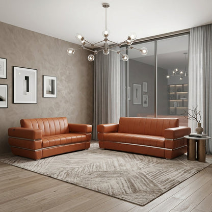 Two Piece Indoor Camel Italian Leather Five Person Seating Set