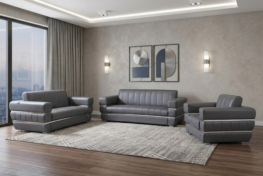 Three Piece Indoor Dark Gray Italian Leather Six Person Seating Set