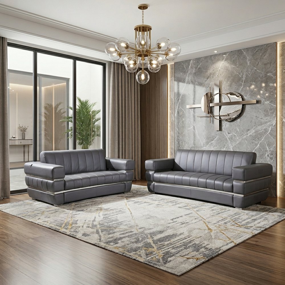 Two Piece Indoor Dark Gray Italian Leather Five Person Seating Set