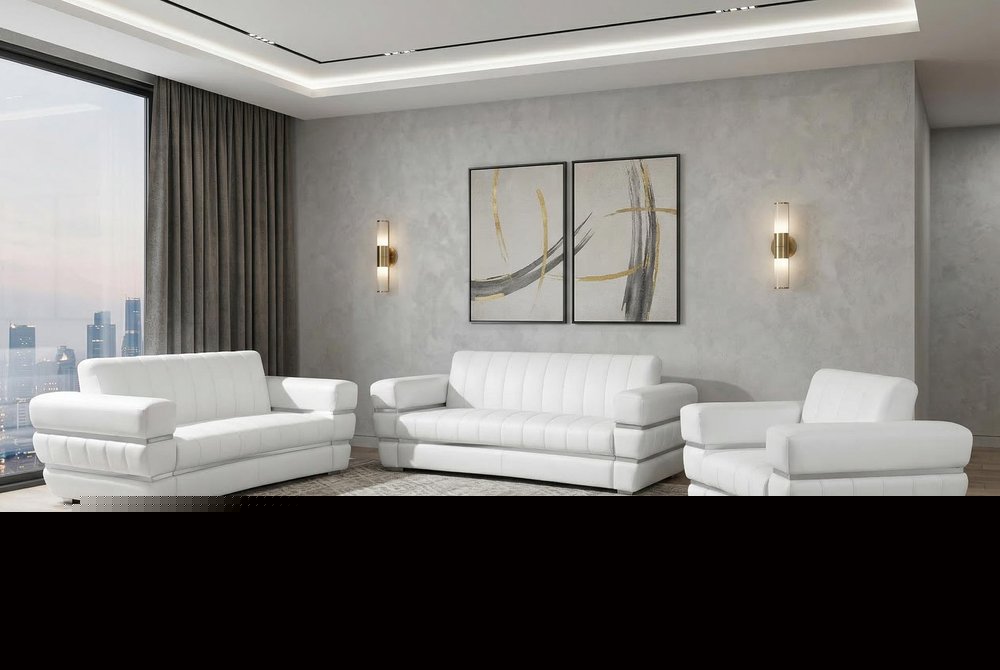 Three Piece Indoor White Italian Leather Six Person Seating Set