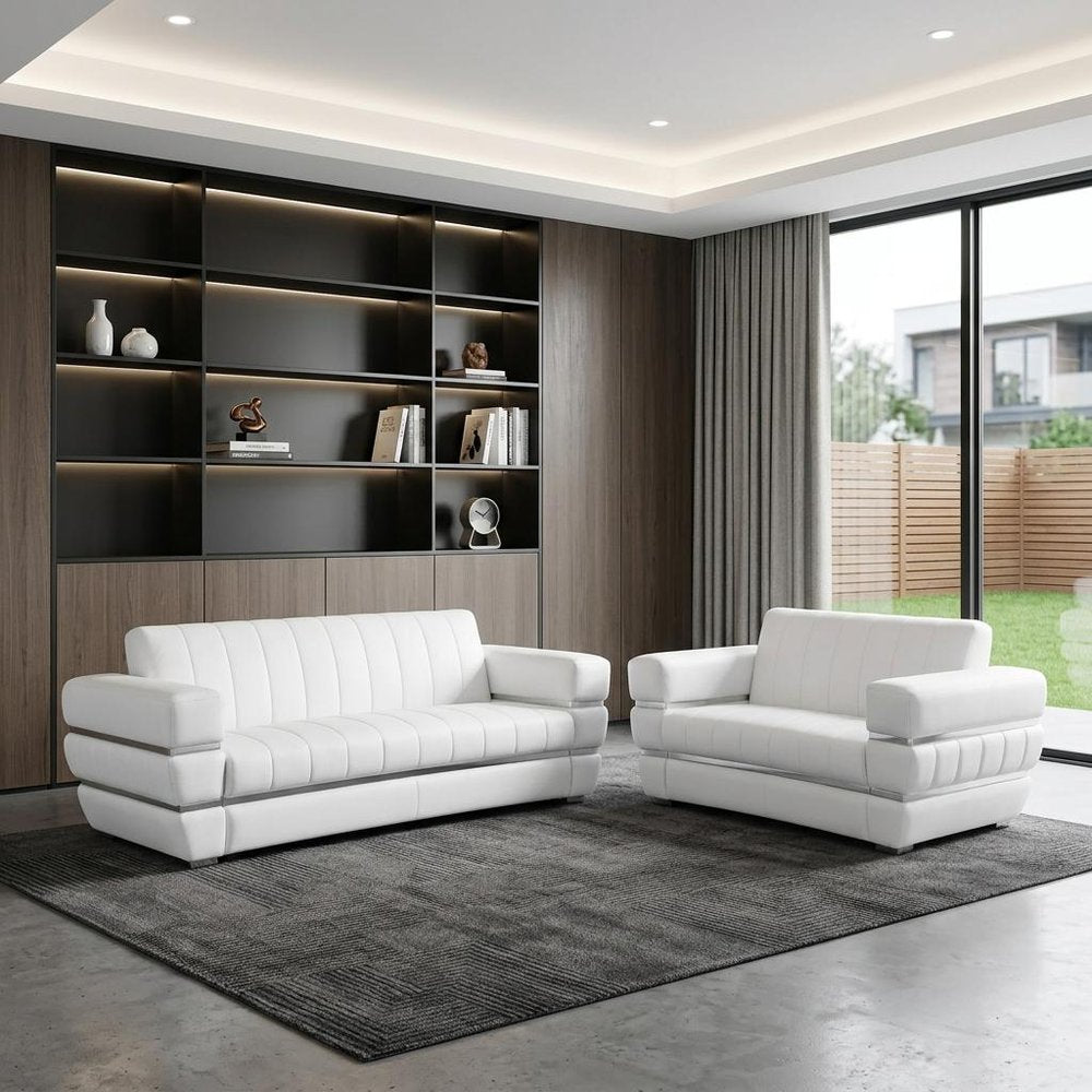 Two Piece Indoor White Italian Leather Five Person Seating Set