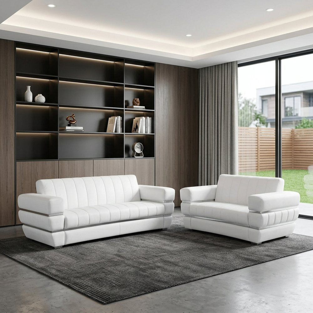 Two Piece Indoor White Italian Leather Five Person Seating Set
