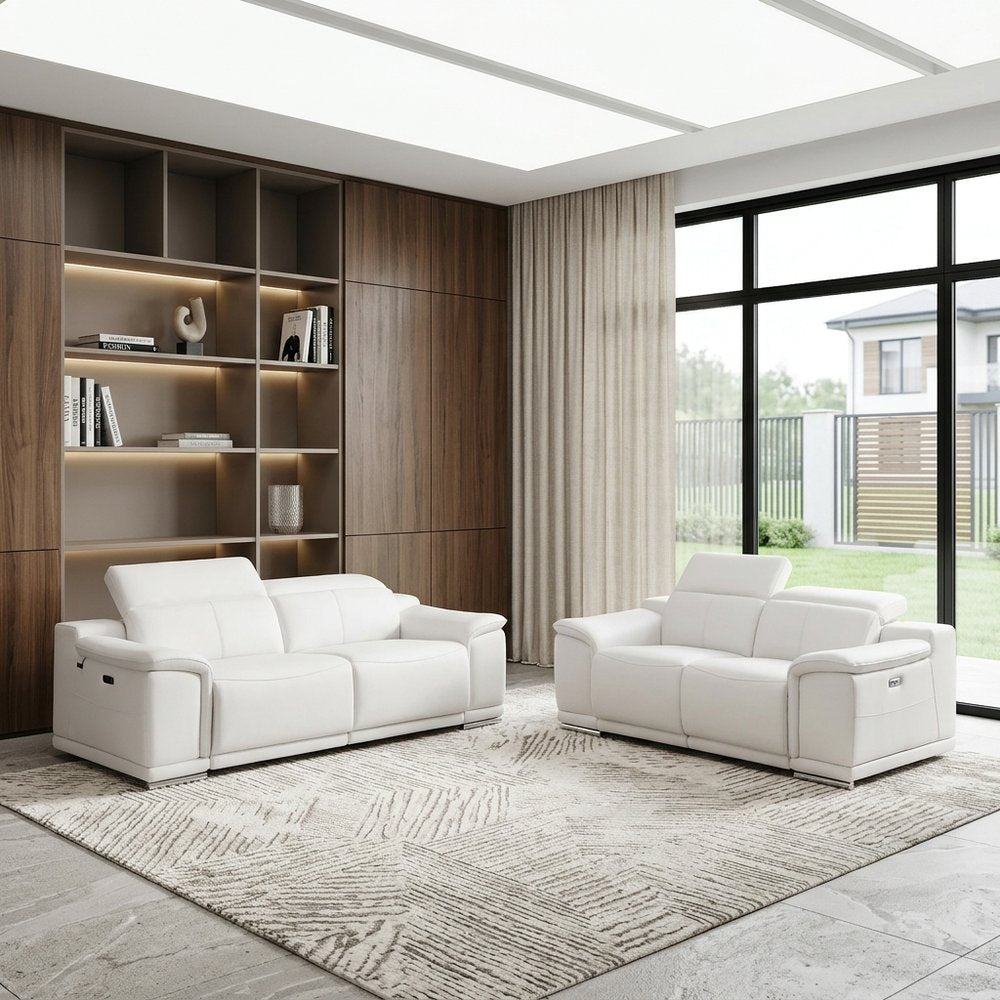 Two Piece Indoor White Italian Leather Five Person Seating Set