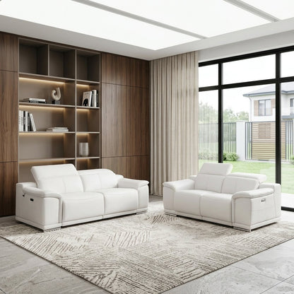 Two Piece Indoor White Italian Leather Five Person Seating Set