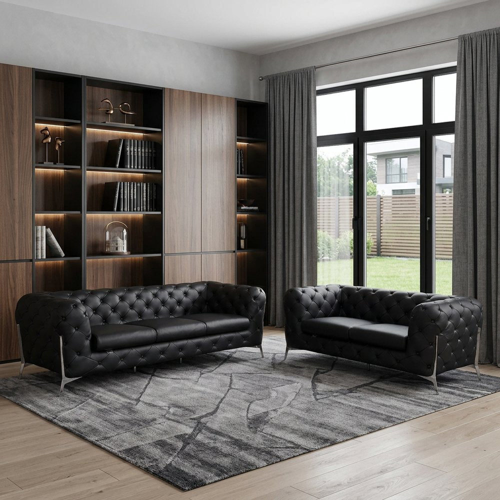 Two Piece Indoor Black Italian Leather Five Person Seating Set