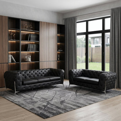 Two Piece Indoor Black Italian Leather Five Person Seating Set