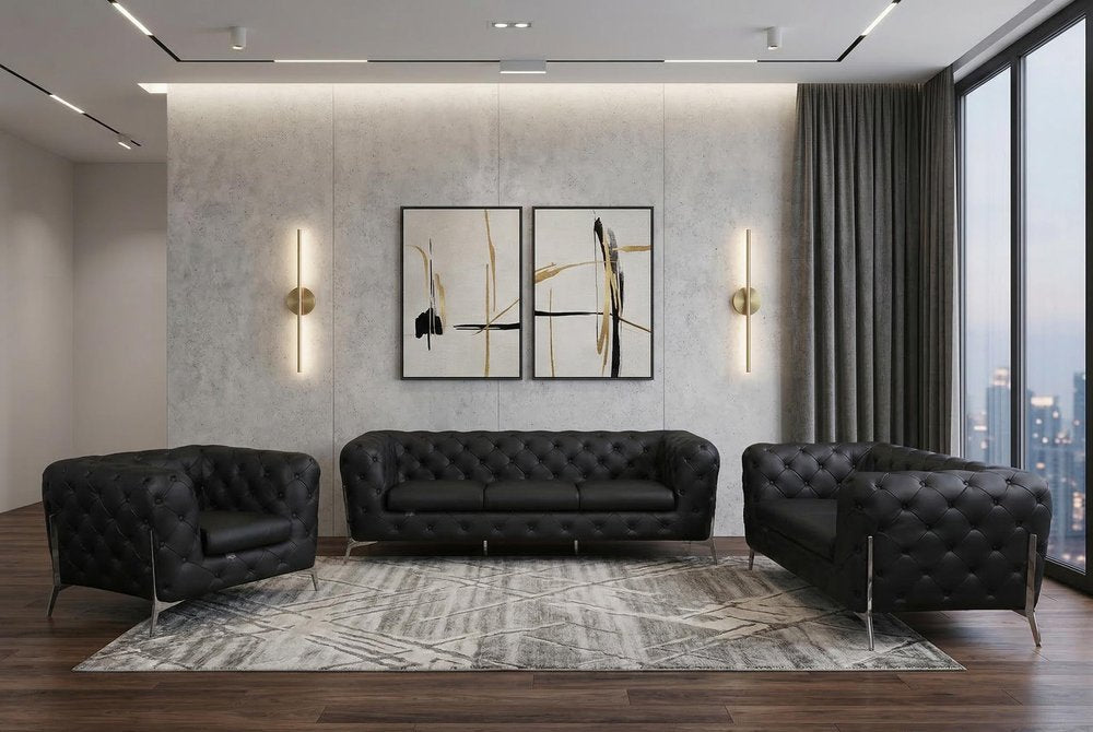 Three Piece Indoor Black Italian Leather Six Person Seating Set