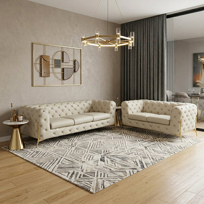 Two Piece Indoor Beige Italian Leather Five Person Seating Set