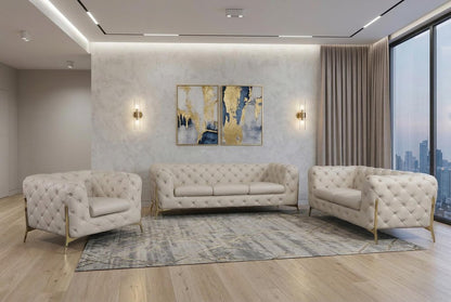 Three Piece Indoor Beige Italian Leather Six Person Seating Set