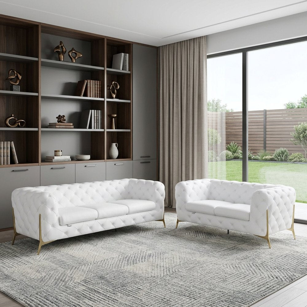 Two Piece Indoor White Italian Leather Five Person Seating Set