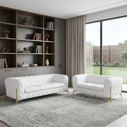 Two Piece Indoor White Italian Leather Five Person Seating Set