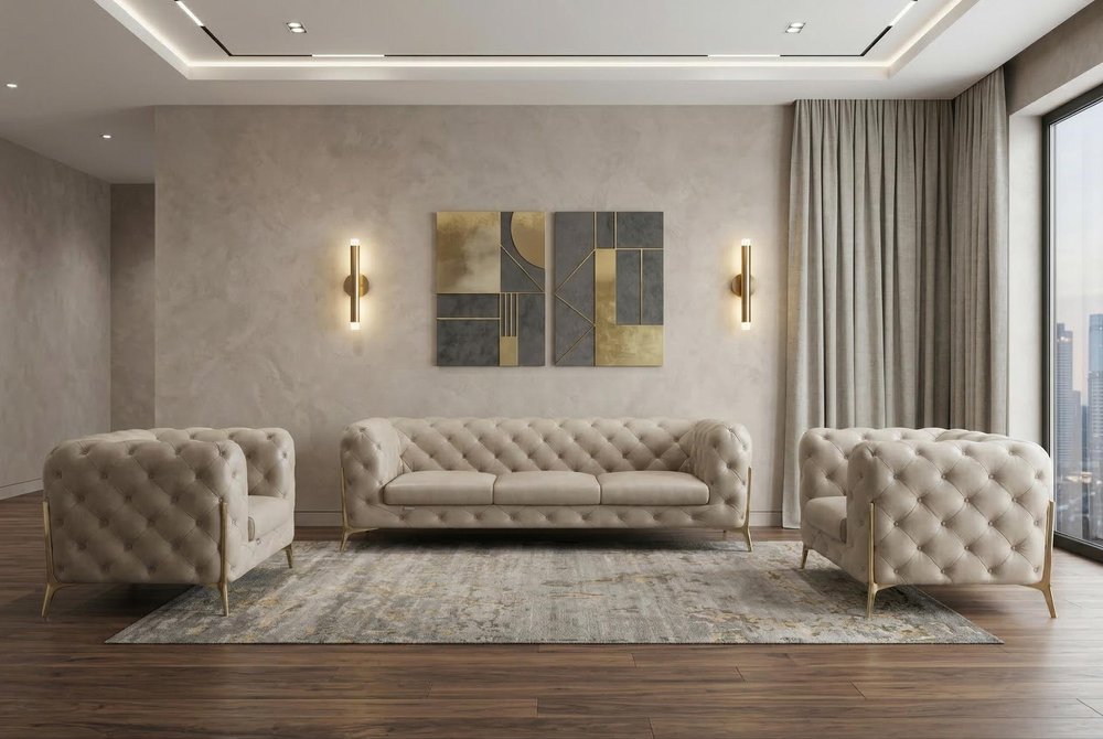 Three Piece Indoor Beige Italian Leather Five Person Seating Set