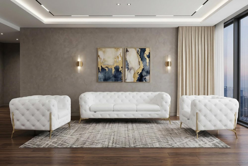 Three Piece Indoor White Italian Leather Five Person Seating Set